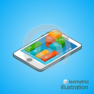 3D Smartphone with colorful graphs in the isometric projection. Modern infographic template. Isometric vector illustration