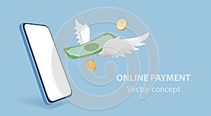 3D smartphone, dollar bills with white wings and gold coins on blue background. Payment transaction on smartphone. Online payment