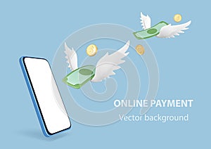 3D smartphone, dollar bills with white wings and gold coins on blue background. Payment transaction on smartphone. Online payment