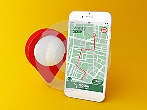 3d Smartphone with GPS map navigation app with planned route on screen