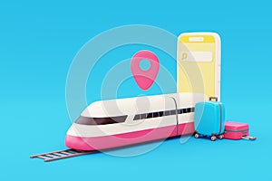 3D smartphone with high-speed train and suitcase on blue background, global transport, Tourism and travel concept, holiday.