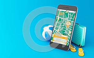 3d Smartphone showing GPS map navigation app to find a restaurant