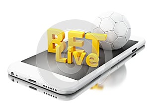 3d Smartphone with soccer ball and bet live. Betting concept.