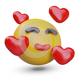 3D Smiling emoticon surrounded by hearts. Character full of love. Realistic style vector