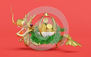 3d snow ball, ornaments glass transparent with gold dragon, dollar coins stacks, pine leaves. chinese new year 2024 capricorn. 3d