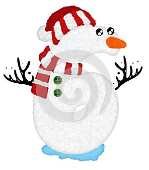 3D â€œSnowman Cartoon character Number 6â€ design with fur feather  creative decorative with Red Christmas hat.