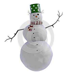 3D Snowman with green doted pot for hat, twigs for hair and purple and white striped scard red scarf