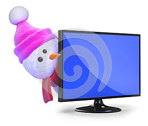 3d Snowman in pink wool hat peeps round a television