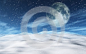 3D snowy Christmas landscape with moon