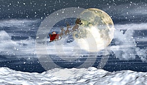 3D snowy landscape with Santa flying in front of the moon