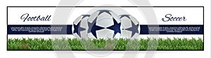 3D Soccer ball banner. Football ball with blue stars on background.