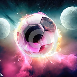 3D soccer ball on colorful background with the planet and fire