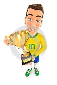 3d soccer player yellow jersey standing with gold trophy cup