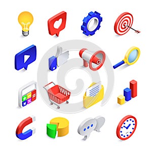 3d social marketing icons. Isometric web seo likes sign, business mail network and website search button vector icon
