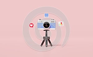 3D social media with camera tripod icons isolated on pink background. online video live streaming, communication applications,