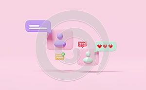 3d social media with chat bubbles icons isolated on pink background. online social, communication applications concept, 3d render