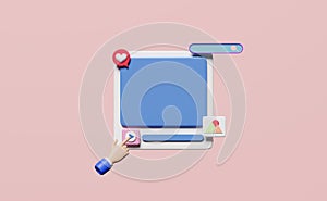 3D social media or communication online platform with play icons, search bar, photo frame, love bubbles chat, isolated on pink