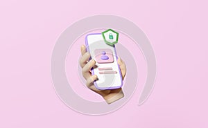 3d social media with hand hold mobile phone, smartphone, shield icons, people isolated on pink background. Internet security,