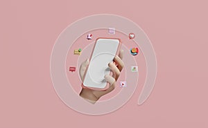 3d social media with hand holding mobile phone, smartphone icons isolated on pink background. online social, communication