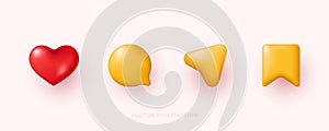 3d social media icon set. Love, comment, share and save. 3D minimal vector illustration