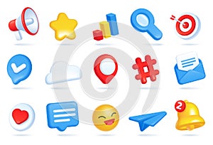 3d social media icons, digital marketing and advertising icon. Heart like, megaphone, emoji, bell notification, chat