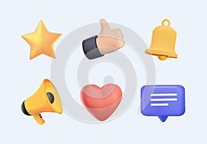 3d social media icons. Digital marketing symbols. Like button, speech bubble, notification bell, megaphone icon vector