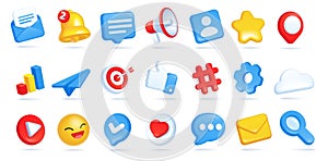 3d social media icons. Envelope with email message, bell for notification, megaphone, speech bubbles