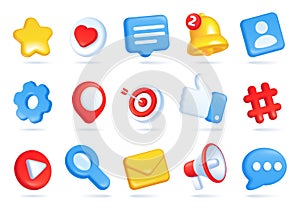 3d social media icons, online communication, digital marketing symbols. Like button, speech bubble, notification bell