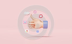 3D social media icons with thumbs up isolated on pink background. online social like, communication applications concept, 3d