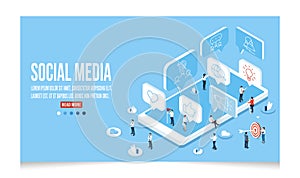 3D Social media isometric concept . For online social communication applications, web banner and infographics with light blue