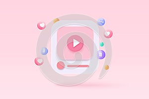 3d social media with live streaming and emotion on frame in pink background. Social media online playing video for make money