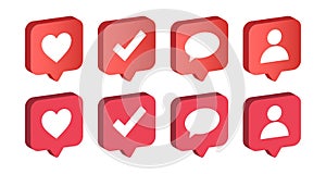 3D social media love, like, comment, approve, user icon design inside speech bubble. Digital online communication notification sym