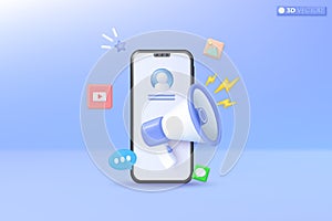 3d Social media on mobile application icon symbol. megaphone announce promotion, video, photo gallery, speech bubble, smartphone