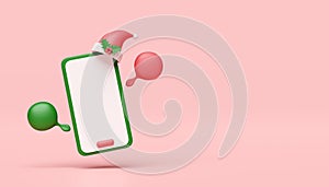 3d social media with mobile phone, smartphone, chat bubbles, Santa claus hat isolated on pink background. merry christmas and