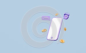 3d social media with mobile phone, smartphone, dollar money coins, alarm clock, chat bubbles isolated on blue background.