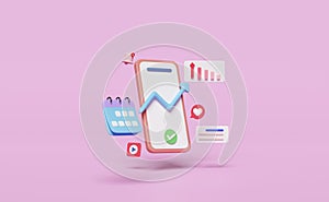 3d social media with mobile phone, smartphone icons, arrow graph calendar, notification bell isolated on pink background. online