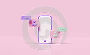 3d social media with mobile phone, smartphone icons, chat bubbles, people isolated on pink background. online social,