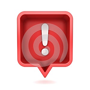 3d social media notification Exclamation mark icon in red rounded square pin isolated on white background