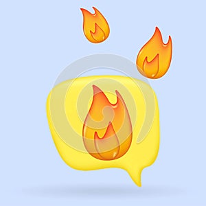 3d social media notification fire like flame icon in yellow pin isolated on blue background with 3D rendering. Vector