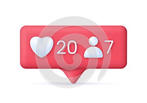 3D Social media notification icons. Like, views concept. Speech Bubble.