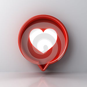 3d social media notification light like heart icon in red round speech bubble box pin isolated on white wall