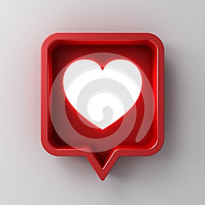 3d social media notification light like heart icon in red rounded square pin isolated on white wall