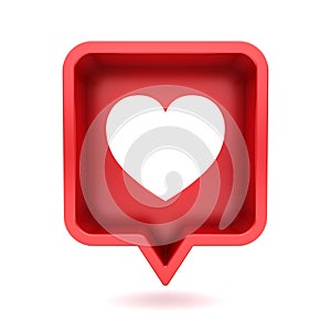 3d social media notification light of love like heart in red rounded square pin icon isolated on white background