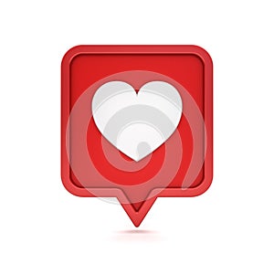 3d social media notification like heart icon on red rounded square pin isolated on white background