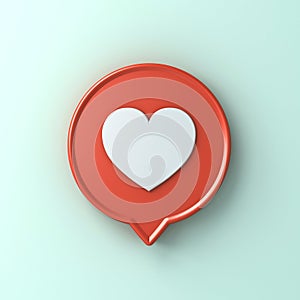 3d social media notification love like heart icon in red round pin isolated on light green blue pastel color wall background