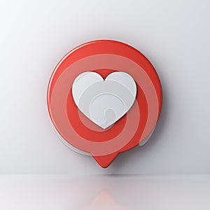 3d social media notification love like heart icon in red round speech bubble pin isolated on white wall background