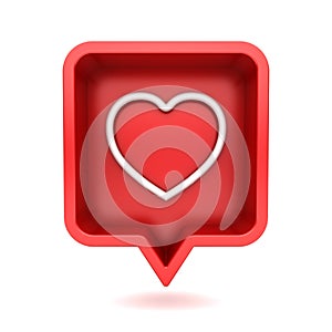 3d social media notification love like heart icon in red rounded square pin isolated on white background