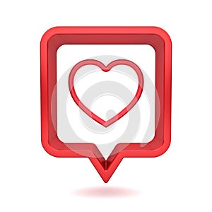 3d social media notification love like heart icon in red rounded square pin isolated on white background