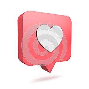 3d social media notification love like heart icon in red rounded square pin isolated on white background