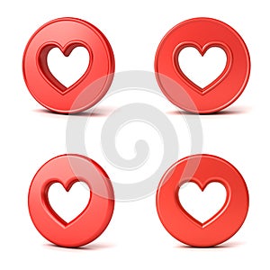 3d social media notification love like heart icons Hole heart shape in red round button isolated on white background